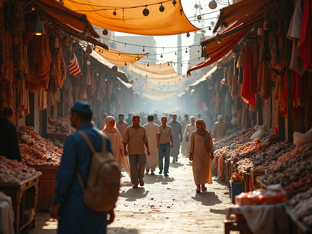 People stroll through a vibrant market street under orange canopies with stalls displaying colorful goods.