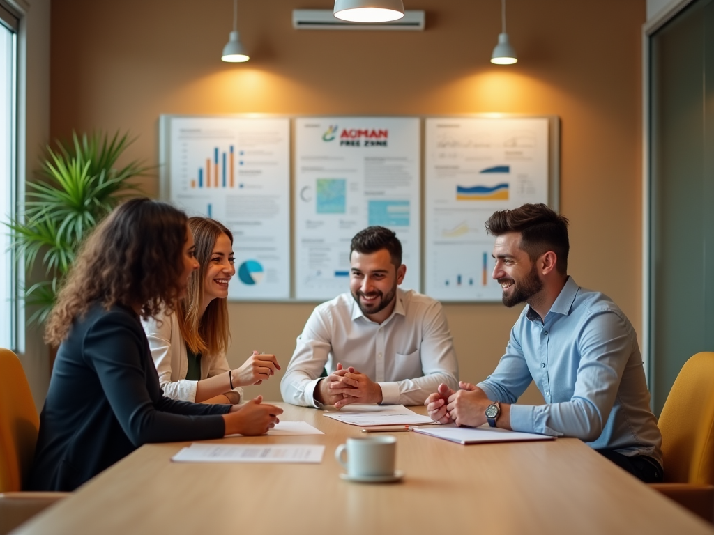 Four professionals smiling and discussing over documents in a modern office meeting room.