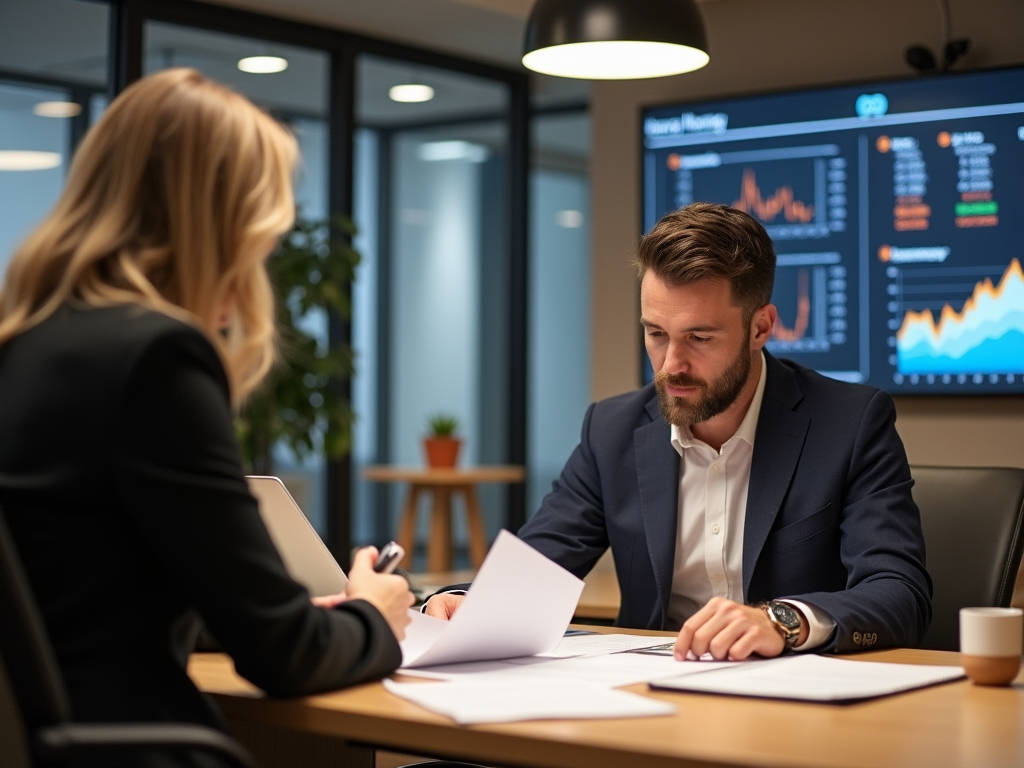 Two professionals discussing financial data in an office with digital graphs displayed in the background.