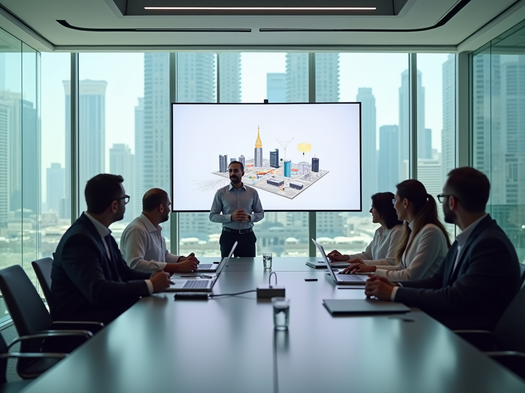 Business presentation in a high-rise office with a cityscape view, with a man leading and five listeners.