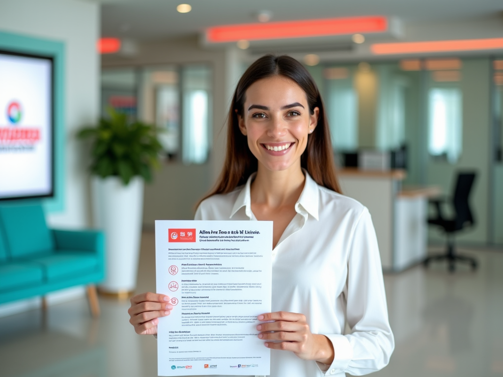 Woman in office holding document, smiling, with blurred company logo in background.