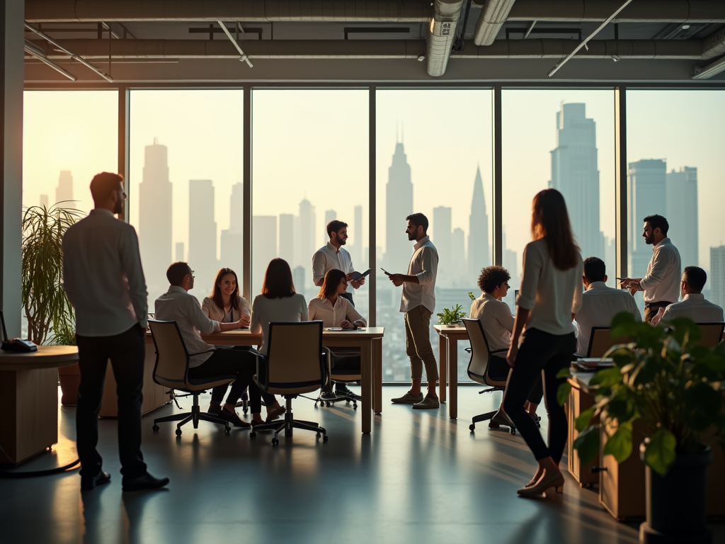 "Sunlit office meeting with city skyline view; diverse team engaging in discussion."