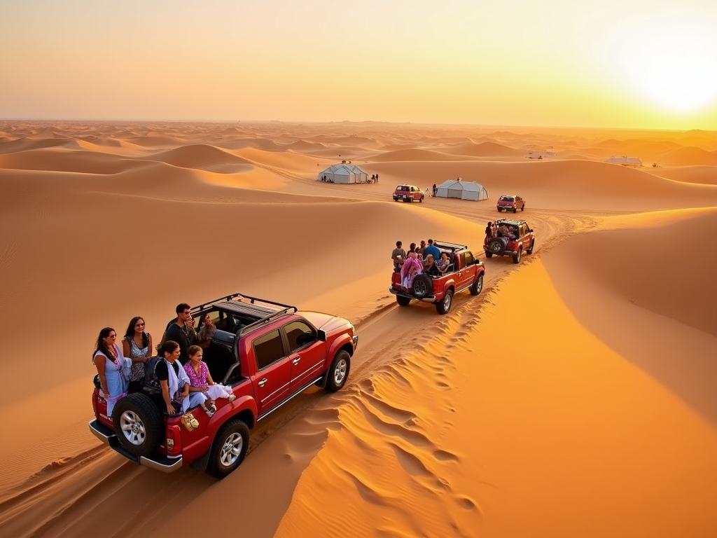 Tourists in red SUVs enjoying a desert safari at sunset on golden sand dunes.