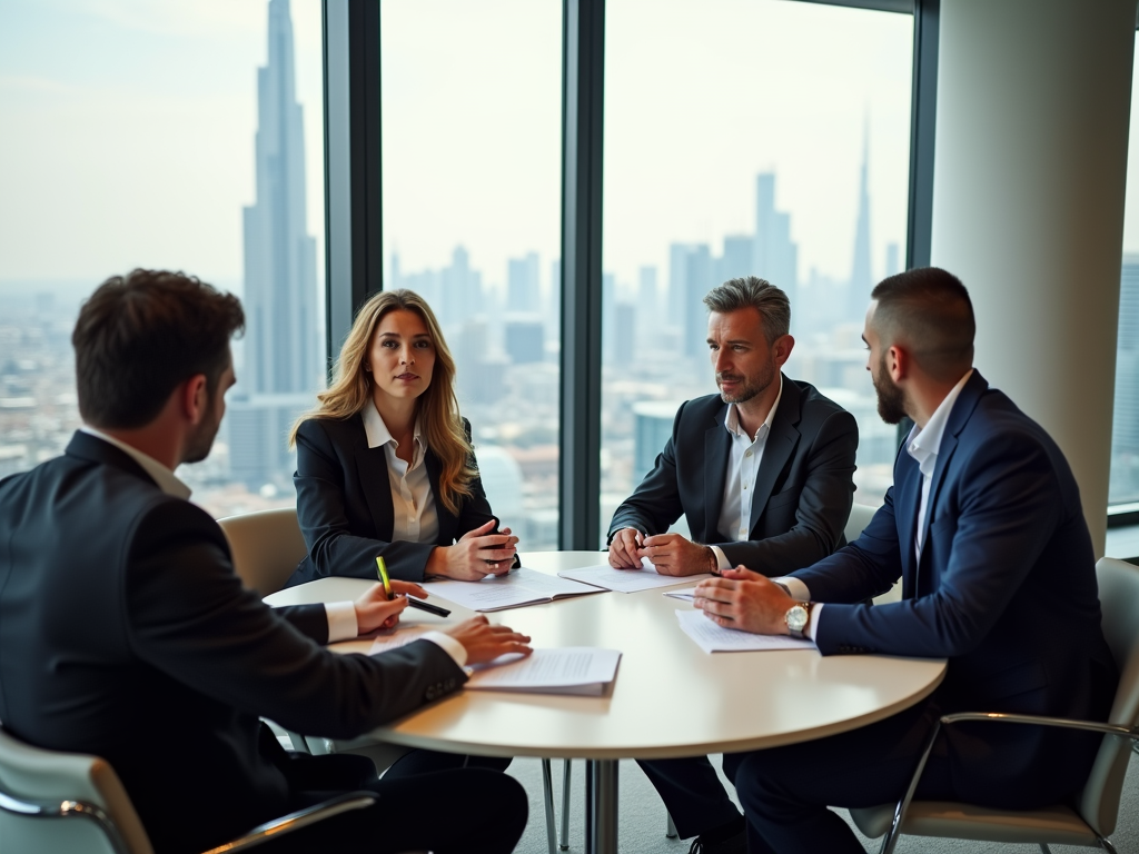 Four business professionals discussing in a meeting room with cityscape in the background.