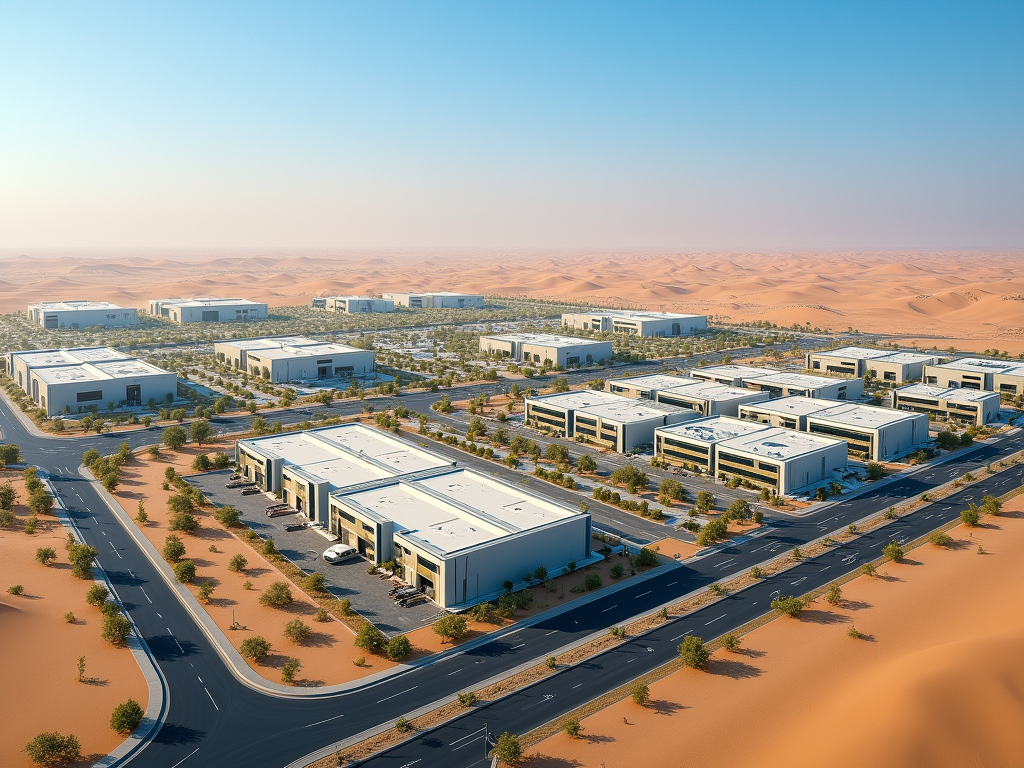 Aerial view of modern industrial buildings surrounded by desert sands under a clear blue sky.