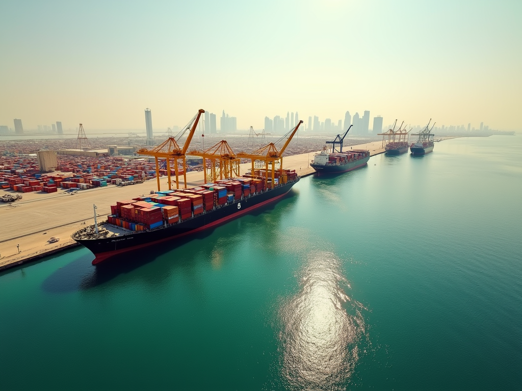 Aerial view of a busy port with cargo ships and cranes, city skyline in the background.