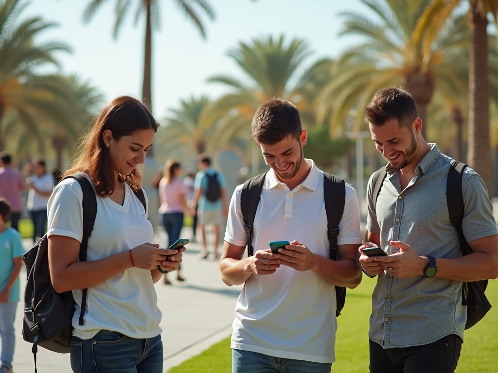 Three young adults using smartphones while walking on a sunny campus with palm trees.