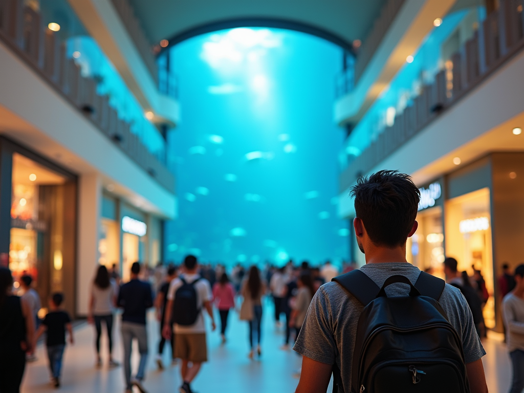 Man with backpack viewing busy mall corridor with shoppers and illuminated blue ceiling.