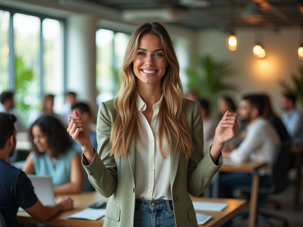 Smiling businesswoman with raised hands in a busy office space.