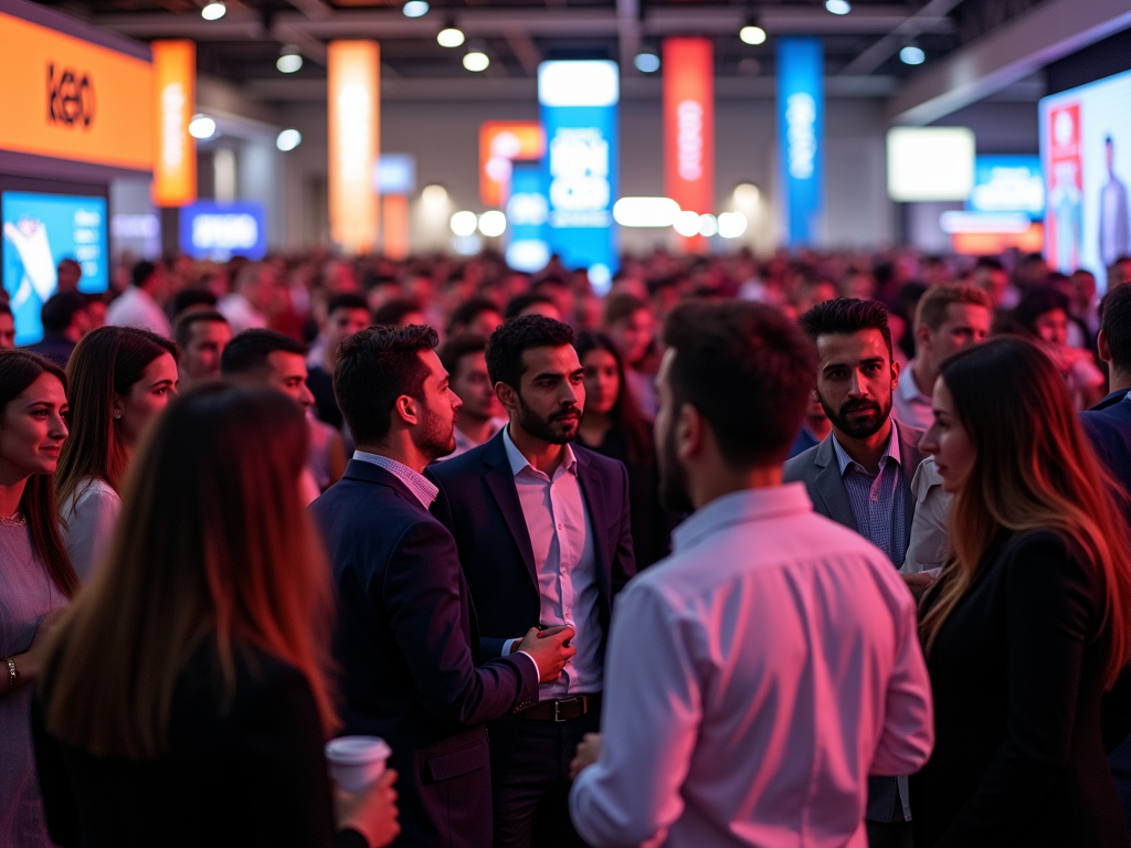 Crowd of professionals conversing at a busy conference event with colorful digital signage.