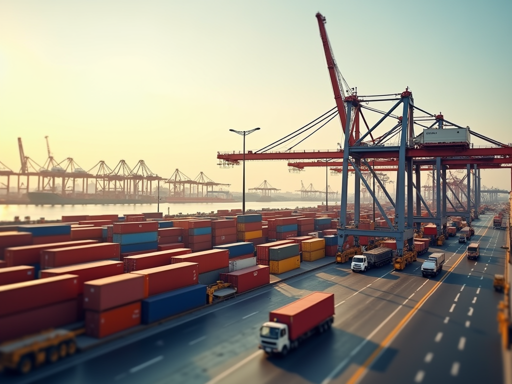 Busy cargo terminal with crates and trucks under large cranes during sunset.