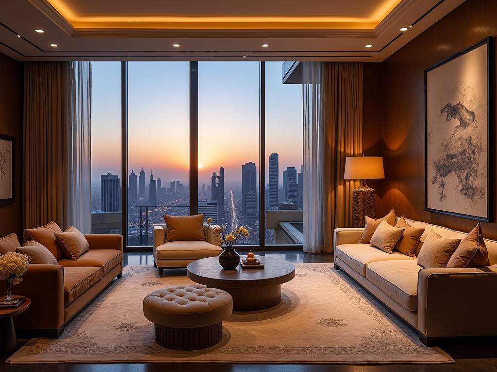 Luxurious living room with city skyline view at sunset, warm tones, and elegant decor.